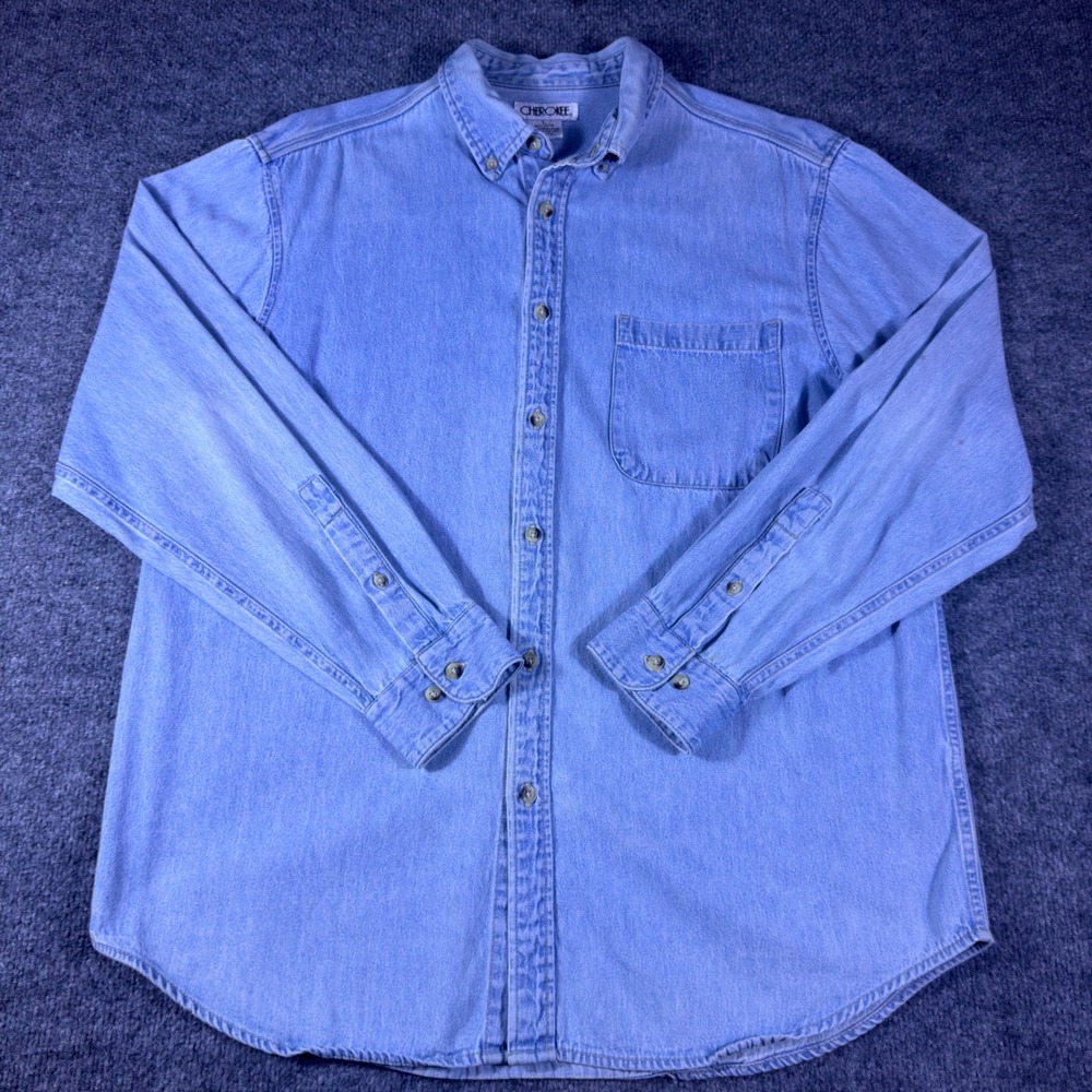 Vintage Cherokee Mens Light Wash Denim Long Sleeve Button Down Shirt 90s Large